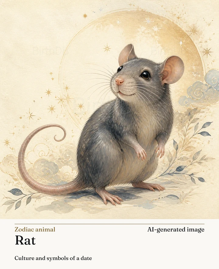 Rat — BirthDB symbolic illustration (AI-generated image)