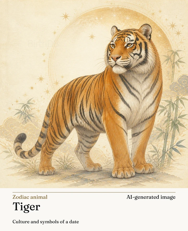 Tiger — BirthDB symbolic illustration (AI-generated image)