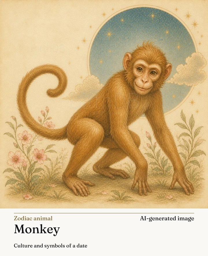 Monkey — BirthDB symbolic illustration (AI-generated image)