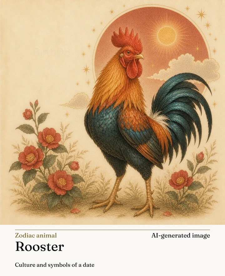 Rooster — BirthDB symbolic illustration (AI-generated image)