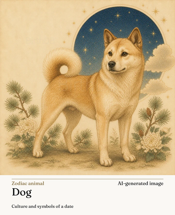 Dog — BirthDB symbolic illustration (AI-generated image)
