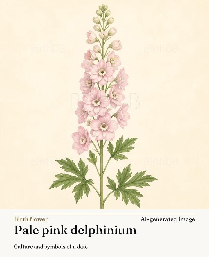 Pale pink delphinium — BirthDB symbolic illustration (AI-generated image)