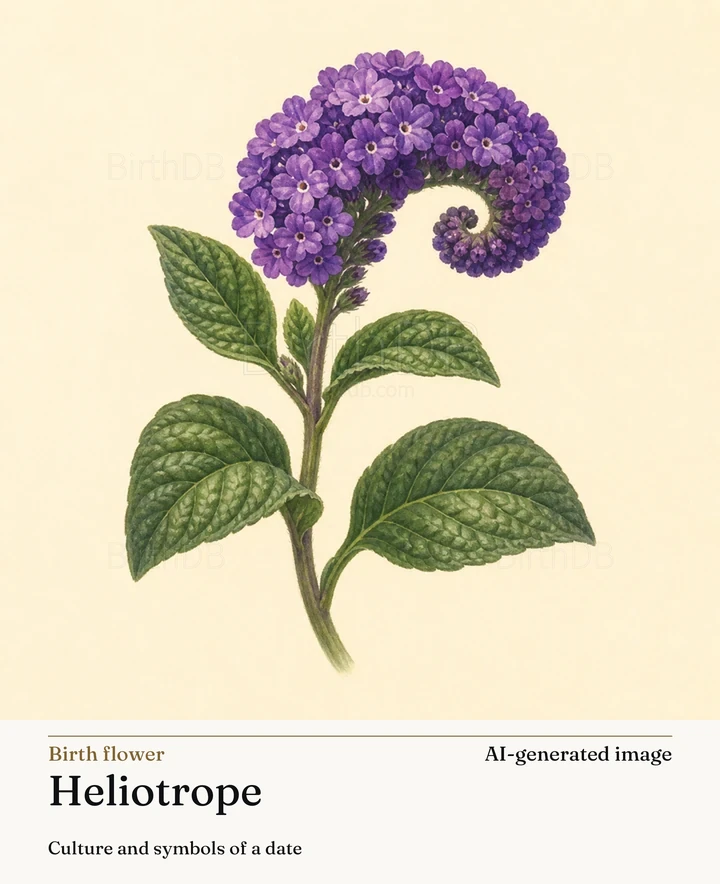 Heliotrope — BirthDB symbolic illustration (AI-generated image)
