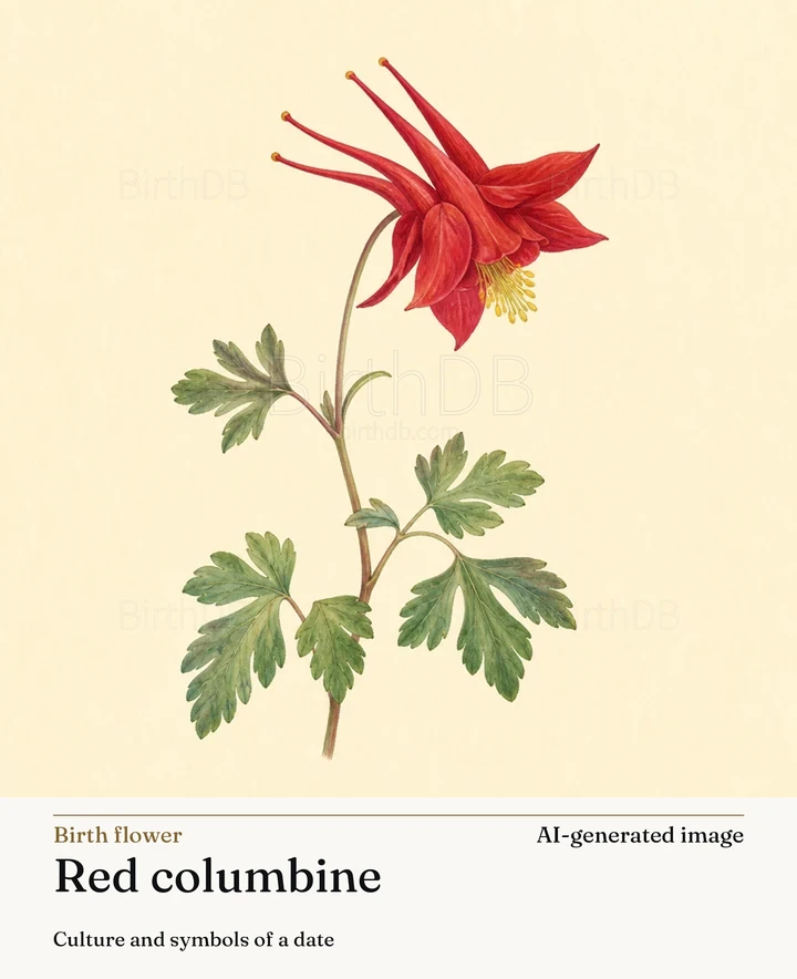 Red columbine — BirthDB symbolic illustration (AI-generated image)