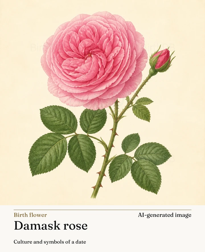 Damask rose — BirthDB symbolic illustration (AI-generated image)