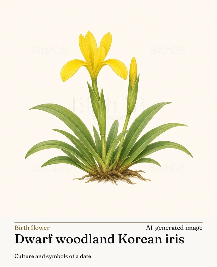 Dwarf woodland Korean iris — BirthDB symbolic illustration (AI-generated image)