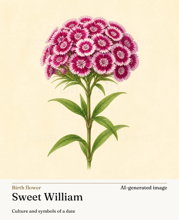 Sweet William — BirthDB symbolic illustration (AI-generated image)