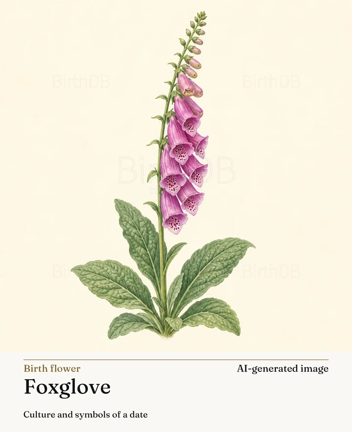 Foxglove — BirthDB symbolic illustration (AI-generated image)