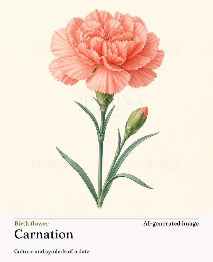 Carnation — BirthDB symbolic illustration (AI-generated image)