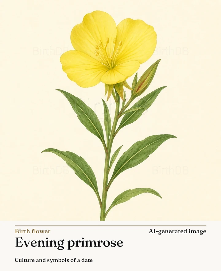 Evening primrose — BirthDB symbolic illustration (AI-generated image)