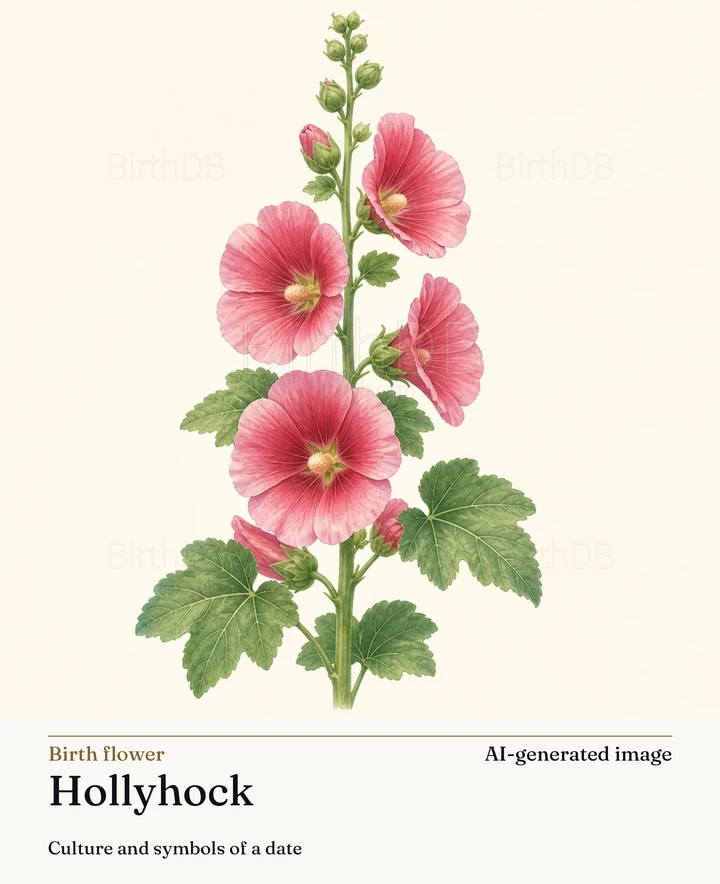 Hollyhock — BirthDB symbolic illustration (AI-generated image)