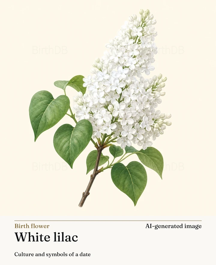 White lilac — BirthDB symbolic illustration (AI-generated image)