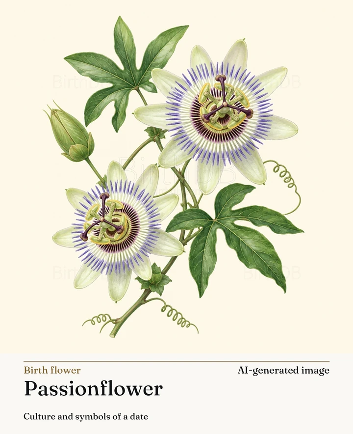 Passionflower — BirthDB symbolic illustration (AI-generated image)