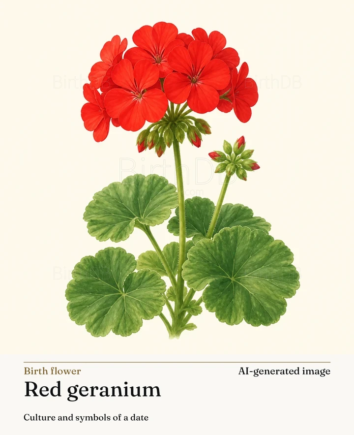 Red geranium — BirthDB symbolic illustration (AI-generated image)