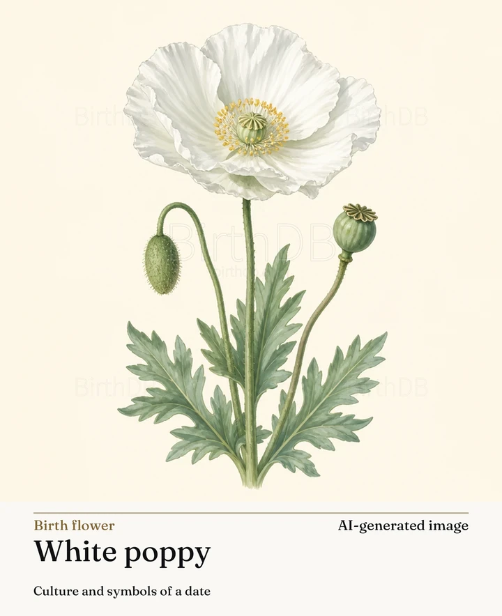 White poppy — BirthDB symbolic illustration (AI-generated image)