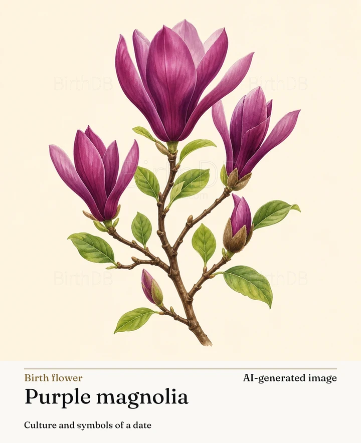 Purple magnolia — BirthDB symbolic illustration (AI-generated image)