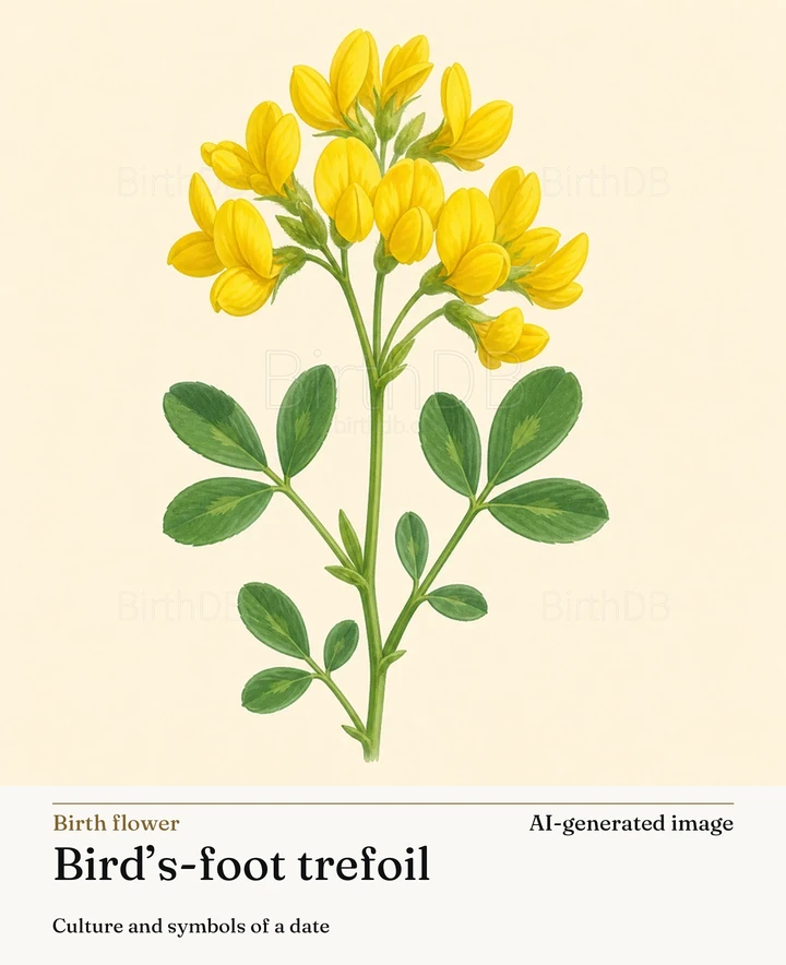 Bird’s-foot trefoil — BirthDB symbolic illustration (AI-generated image)