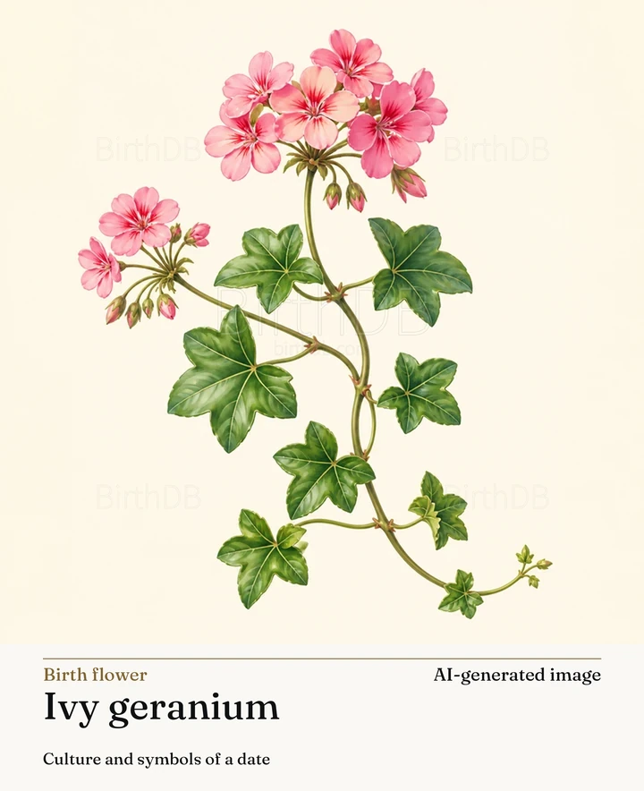 Ivy geranium — BirthDB symbolic illustration (AI-generated image)