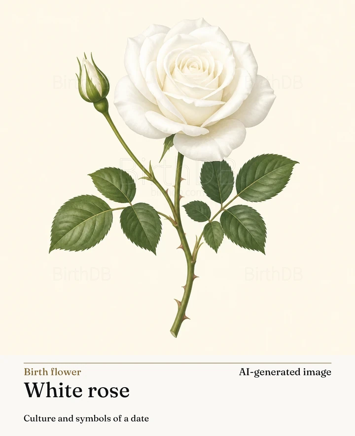 White rose — BirthDB symbolic illustration (AI-generated image)