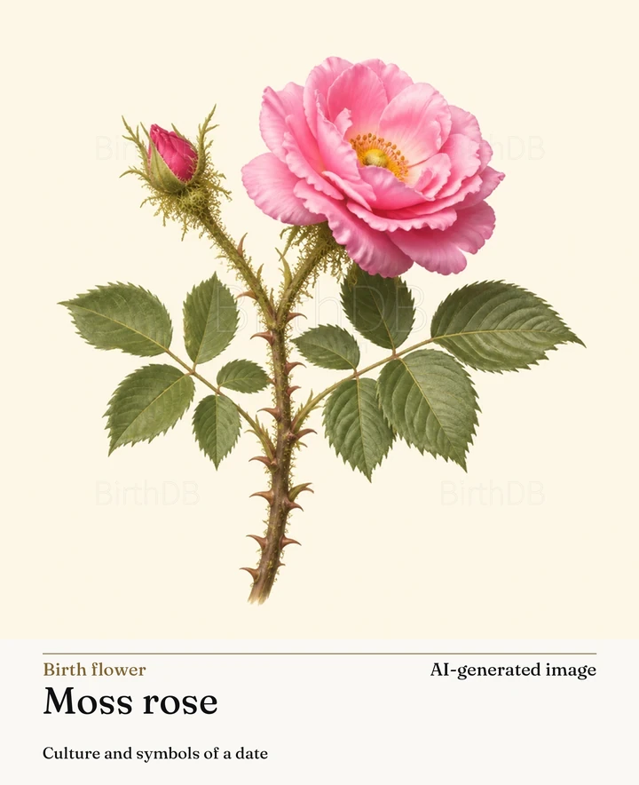Moss rose — BirthDB symbolic illustration (AI-generated image)