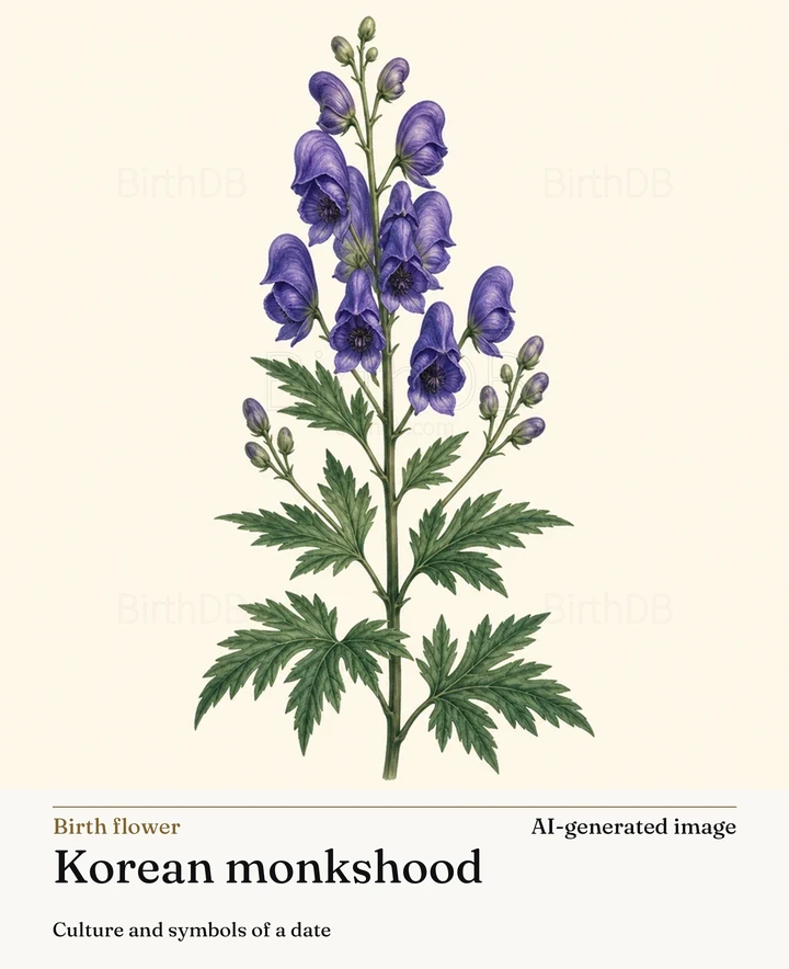 Korean monkshood — BirthDB symbolic illustration (AI-generated image)