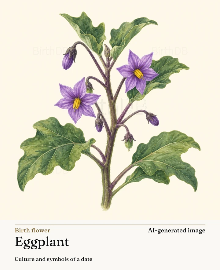 Eggplant — BirthDB symbolic illustration (AI-generated image)