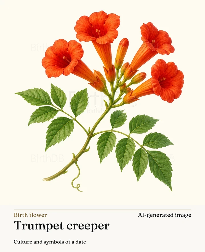 Trumpet creeper — BirthDB symbolic illustration (AI-generated image)