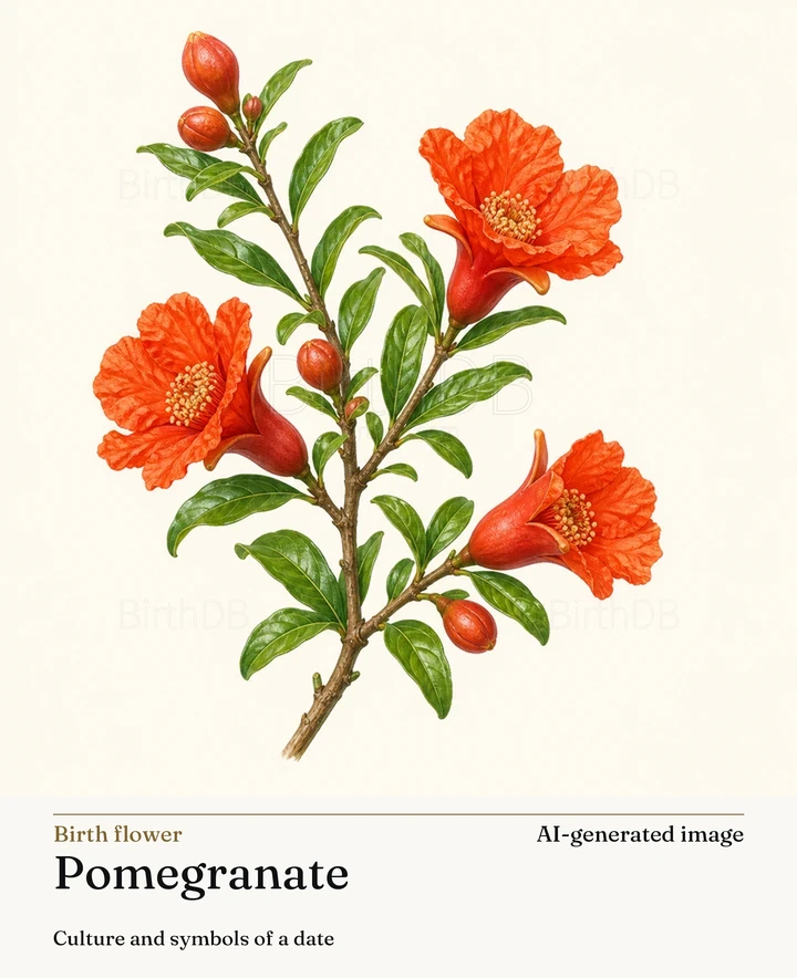 Pomegranate — BirthDB symbolic illustration (AI-generated image)