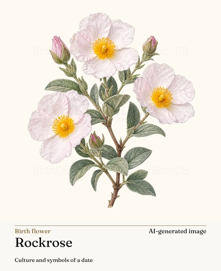 Rockrose — BirthDB symbolic illustration (AI-generated image)