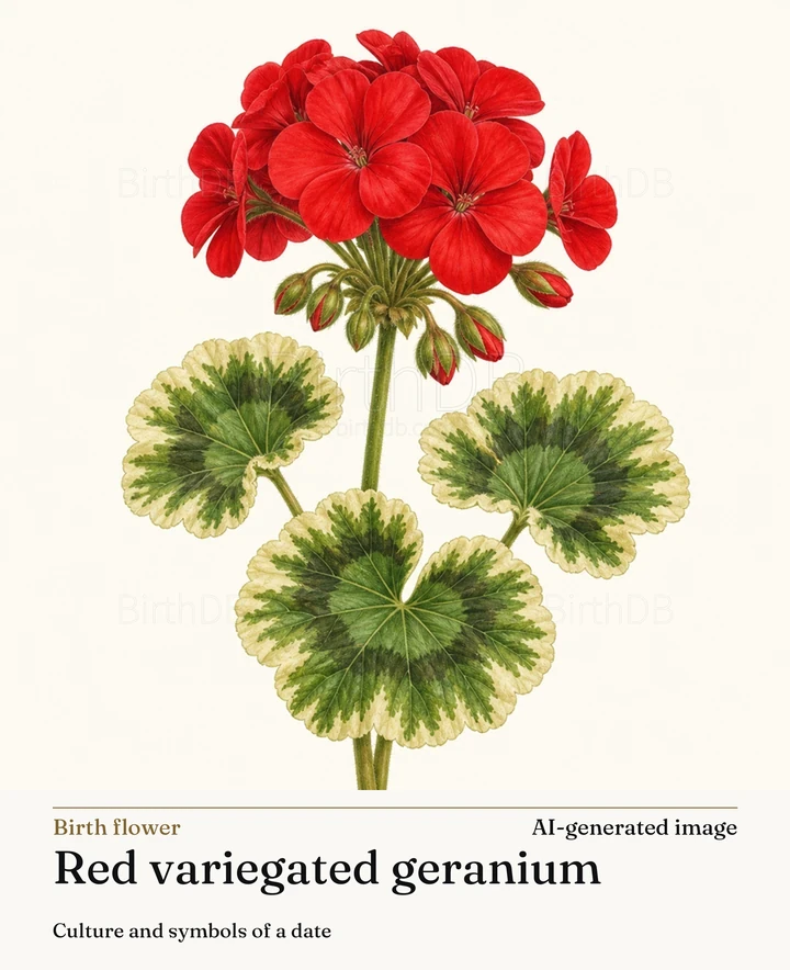 Red variegated geranium — BirthDB symbolic illustration (AI-generated image)