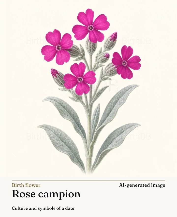 Rose campion — BirthDB symbolic illustration (AI-generated image)