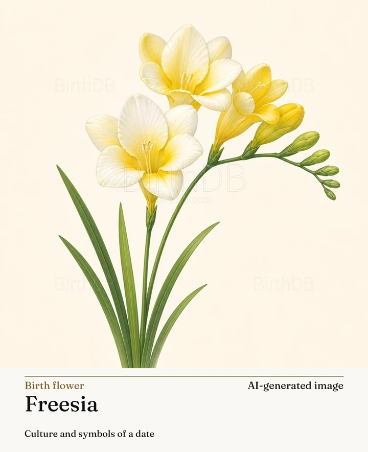 Freesia — BirthDB symbolic illustration (AI-generated image)