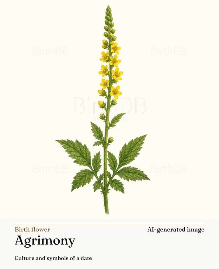 Agrimony — BirthDB symbolic illustration (AI-generated image)