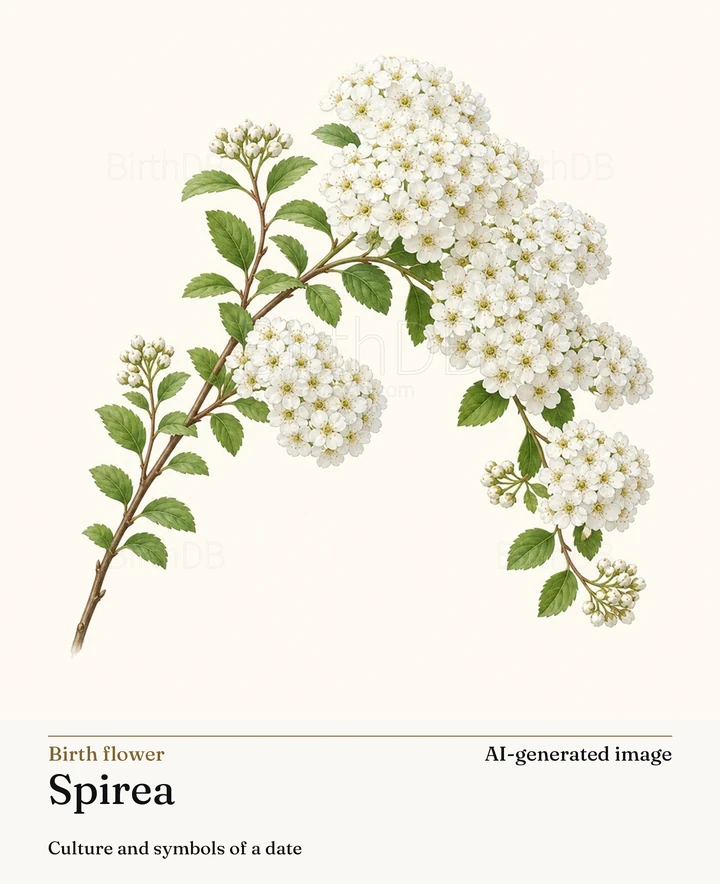 Spirea — BirthDB symbolic illustration (AI-generated image)