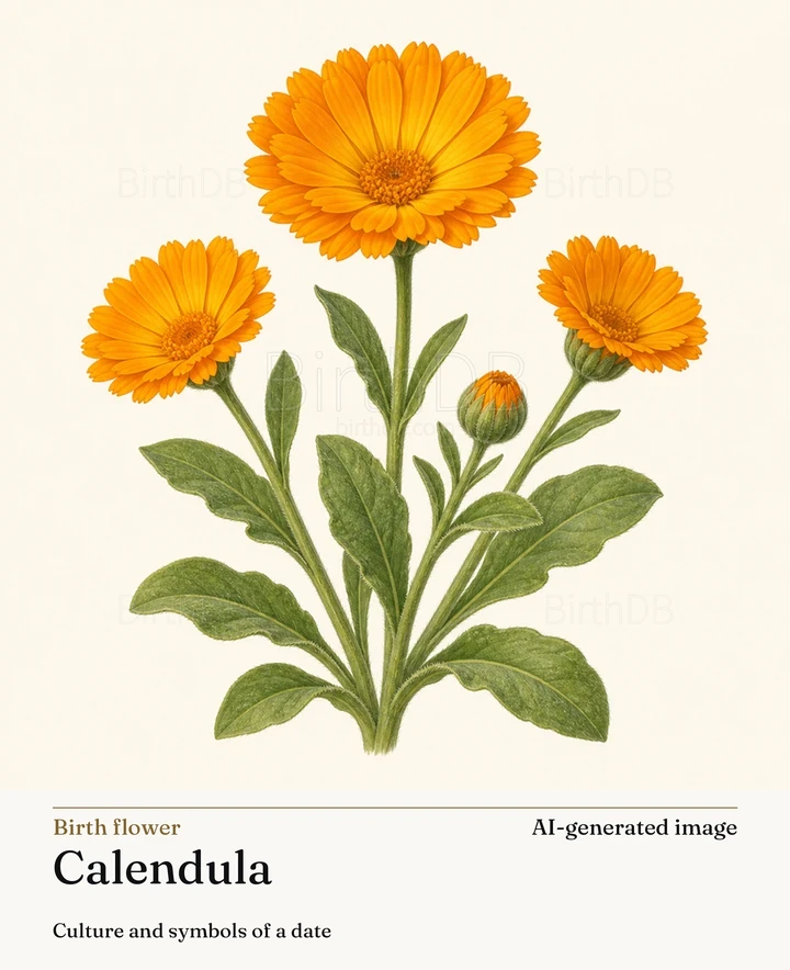 Calendula — BirthDB symbolic illustration (AI-generated image)
