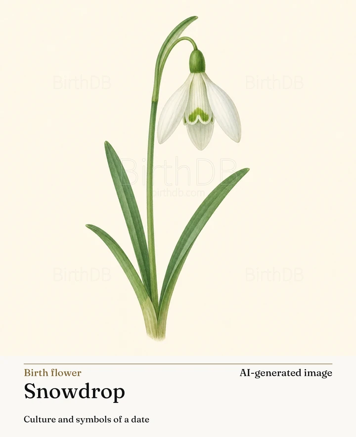 Snowdrop — BirthDB symbolic illustration (AI-generated image)