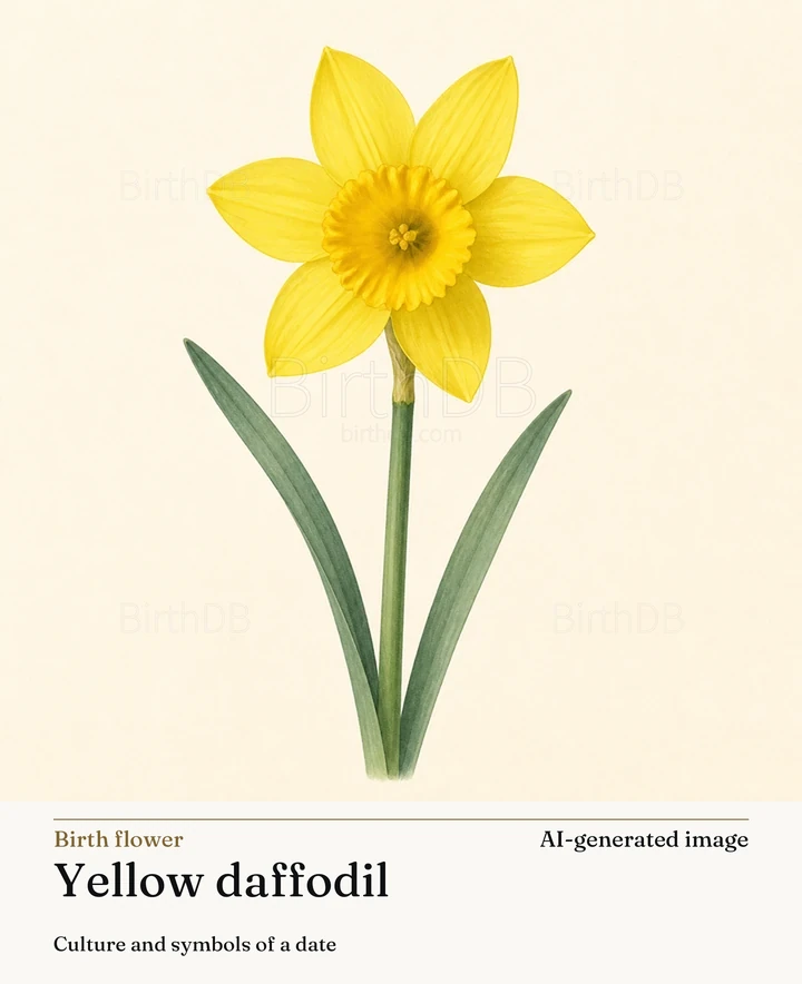 Yellow daffodil — BirthDB symbolic illustration (AI-generated image)
