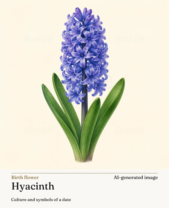 Hyacinth — BirthDB symbolic illustration (AI-generated image)