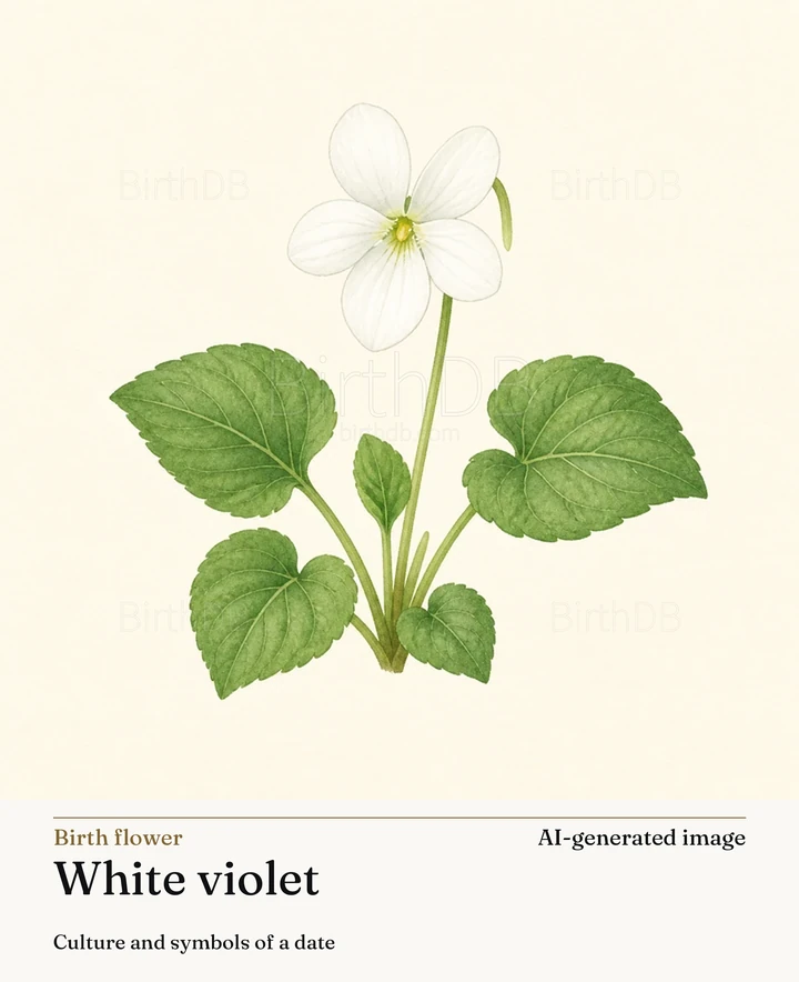 White violet — BirthDB symbolic illustration (AI-generated image)