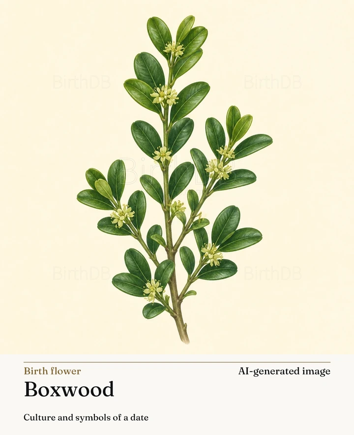 Boxwood — BirthDB symbolic illustration (AI-generated image)