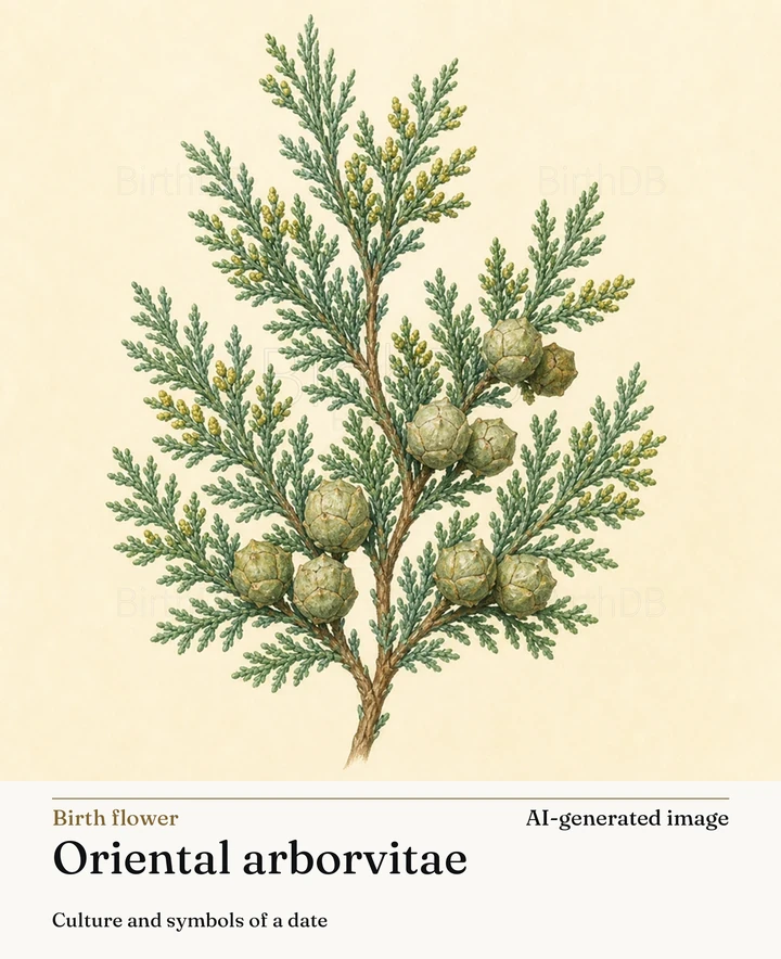 Oriental arborvitae — BirthDB symbolic illustration (AI-generated image)