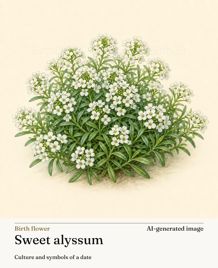 Sweet alyssum — BirthDB symbolic illustration (AI-generated image)