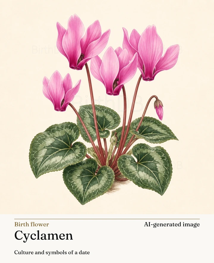 Cyclamen — BirthDB symbolic illustration (AI-generated image)