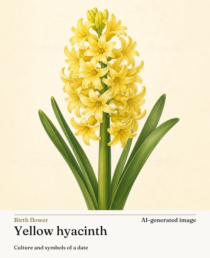 Yellow hyacinth — BirthDB symbolic illustration (AI-generated image)