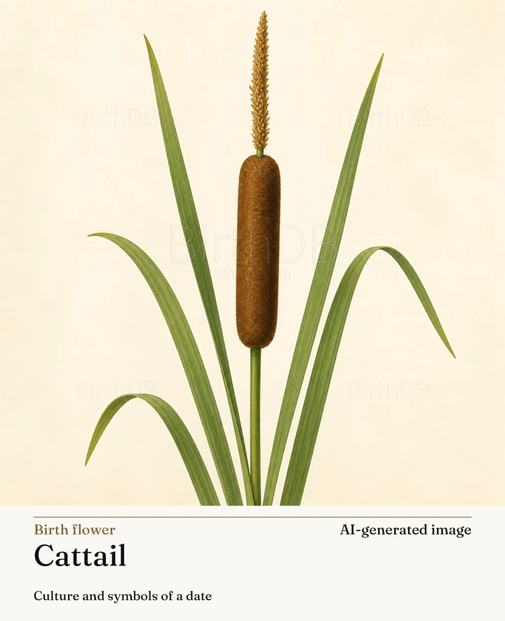 Cattail — BirthDB symbolic illustration (AI-generated image)