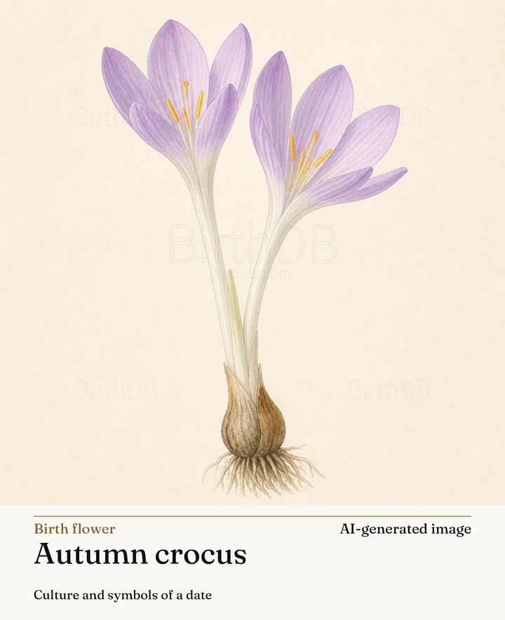Autumn crocus — BirthDB symbolic illustration (AI-generated image)