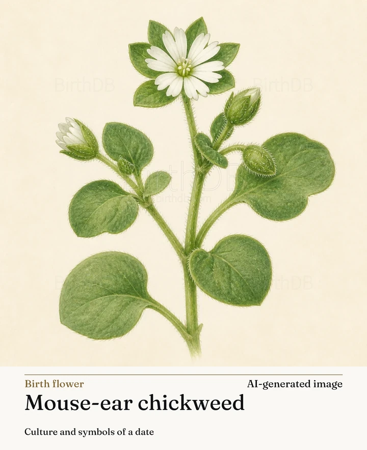 Mouse-ear chickweed — BirthDB symbolic illustration (AI-generated image)