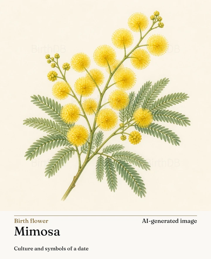 Mimosa — BirthDB symbolic illustration (AI-generated image)