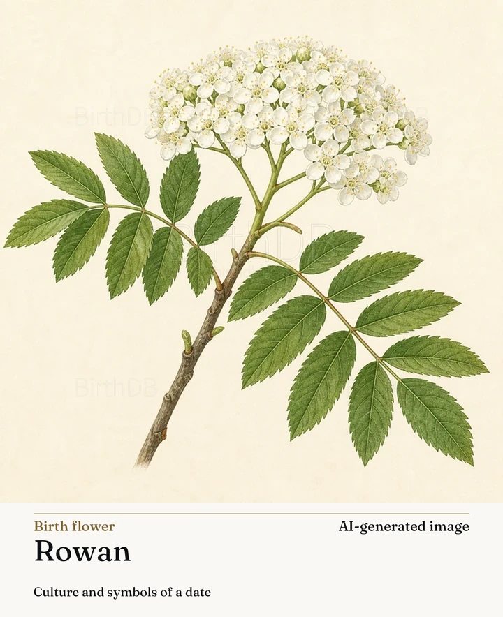 Rowan — BirthDB symbolic illustration (AI-generated image)