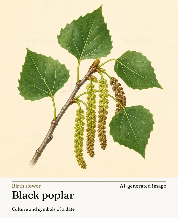Black poplar — BirthDB symbolic illustration (AI-generated image)